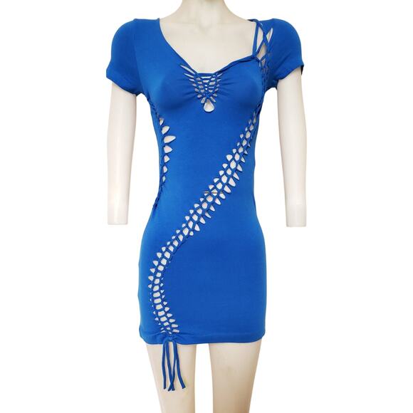 BLUE MAIDEN - LARGE - Women's/Junior - Cut and Weaved Mini Royal Blue Dress, Fun - Picture 4 of 6